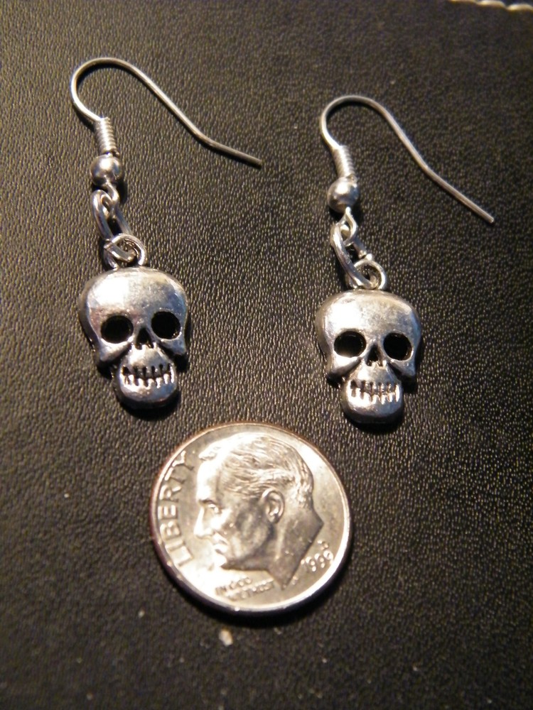 4 Pairs SKULL EARRINGS Mini Head Skeleton Bikers Goth Silver Wires Lot of 4 NEW!