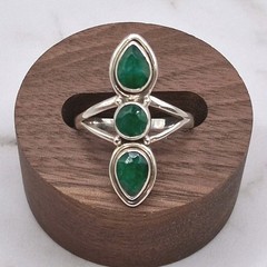 Triple Stone Emerald Ring Size 8.25 Sterling Silver Southwestern Style