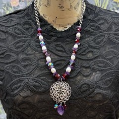 Adorned Crown Jewelry assemblage amethyst pearl red crystal pendant necklace