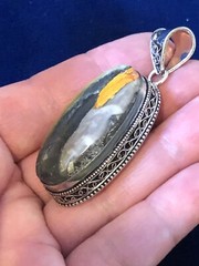 Artisan Bumble Bee Jasper Black Orange Fire Storm Oval Pendant Box Bezel 2.25”