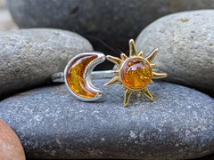 Baltic Amber Sun and Moon Size 7 Adjustable Spinner Ring, Sterling Silver & GP