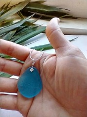 Seaglass Engraved Inspirational «HEALTH» Blue Pendant Snake Chain Necklace