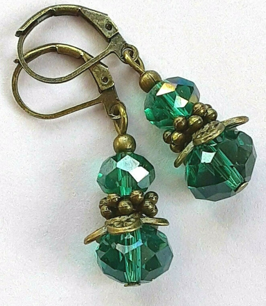 PEACOCK GREEN Faceted CRYSTALS earring BRONZE LEVERBACK artisan