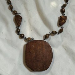 Vintage Hand Carved Wood & Seed Bead Necklace Folk Art Boho Statement 26″