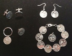 I/2 Shekel BRACELET EARRINGS CUFF LINKS KEY RING LAPEL-TIE TACK HIS HERS combo