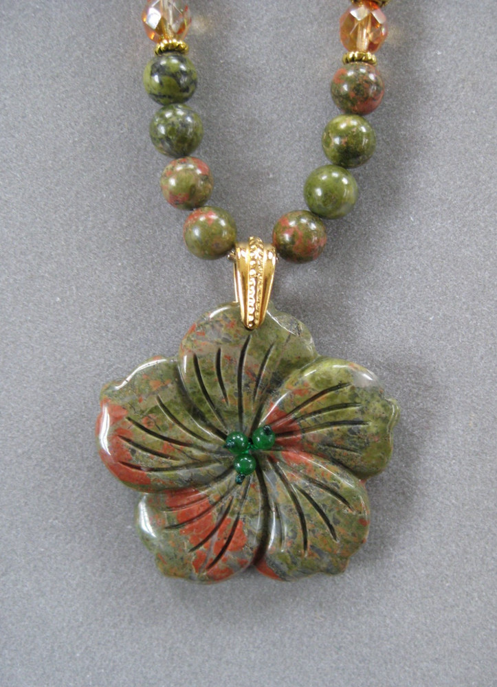 Pretty Unakite Flower Pendant Necklace with Silver and Genuine Unakite Beads