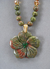 Pretty Unakite Flower Pendant Necklace with Silver and Genuine Unakite Beads
