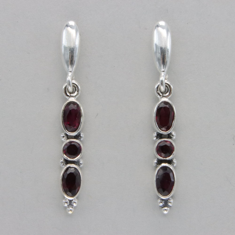 925 Sterling Silver – Triple Oval and Round Red Faceted Garnet Post Earrings