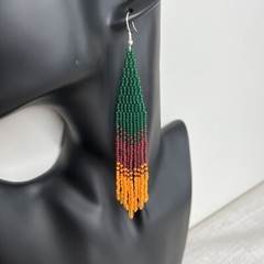Boho Seed Beaded Earrings Green Brown Orange Fringe Dangle Drop Earrings 4.75 in
