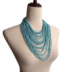 Handmade Beaded Statement Necklace Blue Bohemian Coastal Chic Artsy Boho