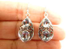 Blue Topaz Two Stone 925 Sterling Silver Dangle Drop Earrings