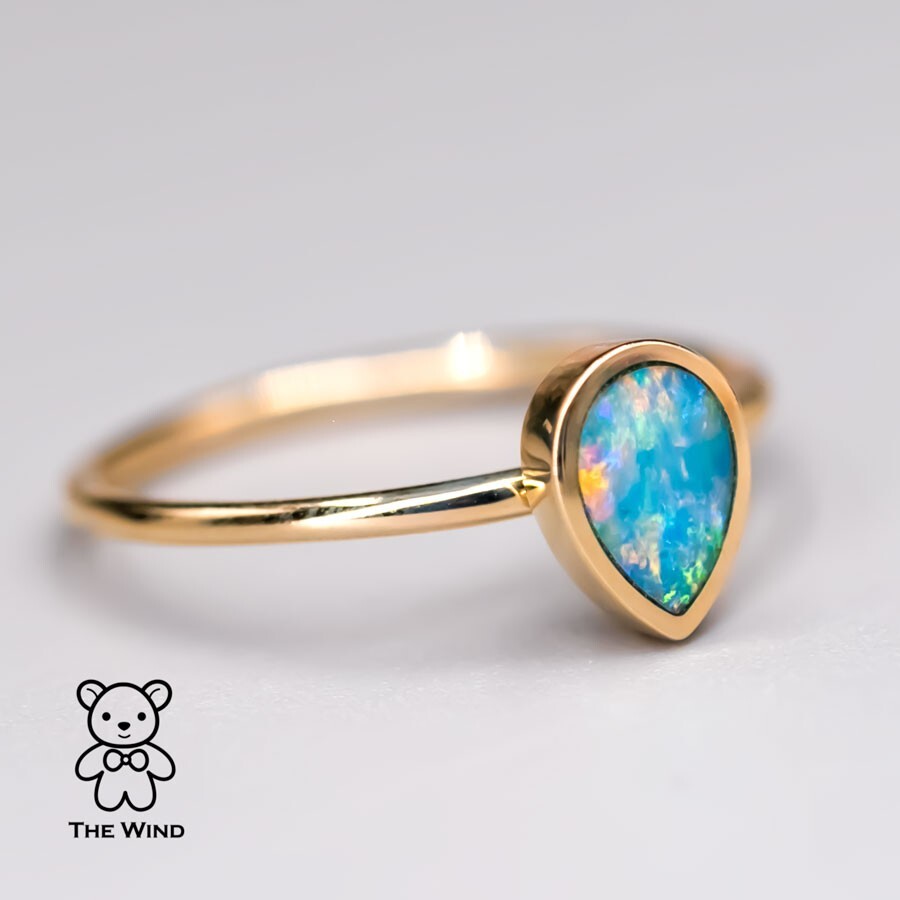 Geometric Pear Shaped Australian Doublet Opal Engagement Wedding Ring 14K Yellow