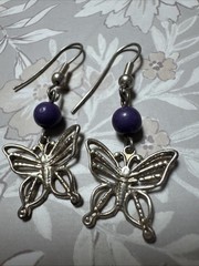 Handmade Butterfly Dangle Earrings Purple Bead Silver Tone