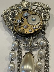 Steampunk OOAK Brooch Pin Clock Parts Rhinestone Dangle 4” long Goth