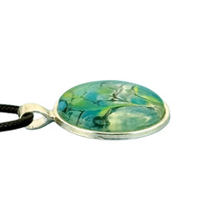Pendant Necklace Handmade «Burbling Stream» Silver Bezel 25mm Black Cord