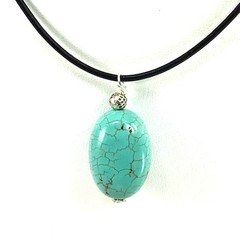 Turquoise Oval Pendant 17″ Necklace Handmade Gemstone Jewelry Black Leather