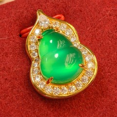 Natural Green Jadeite Gourd Pendant – Gold Plated Bail with High Carbon Diamonds