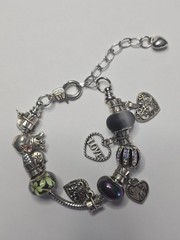 CHARM BRACELET – Black European Bead Adj Silver-Tone 7″ Snake Chain