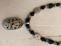 Dalmatian Jasper Pendant Beaded Necklace Black Stone Silver Tone Boho Western