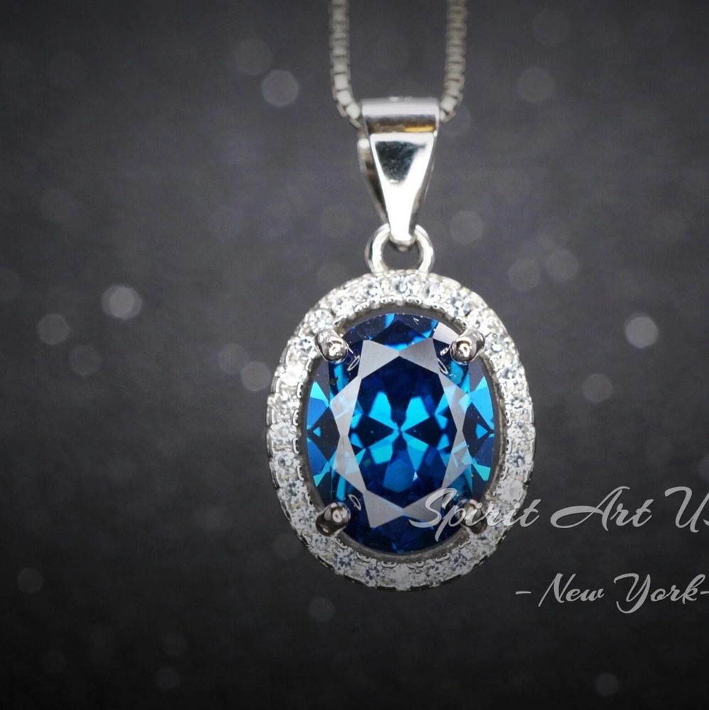 Halo Blue Sapphire Necklace – Oval 2 CT Royal Blue Gemstone Pendant – Gemstone