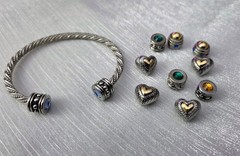 Gemstone Silver Tone Cuff Bangle Bracelet with Various Heart & Gem End Caps