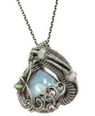 Rainbow Moonstone Pendant Necklace w Ethiopian Opals, Sterling Silver Wire Wrap