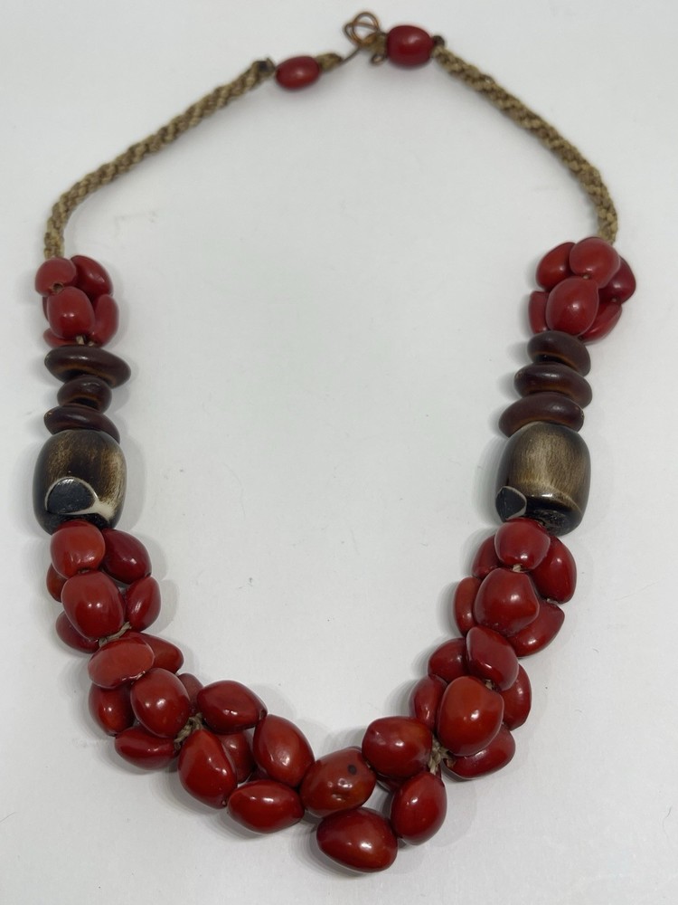 Red Botanical Seeds Polished Horn Twine Cord Copper Hook Clasp Island Bliss 16”