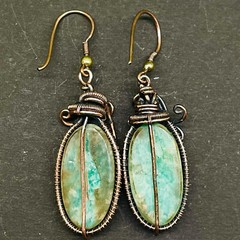 Natural Amazonite Gemstone Copper Wire Wrapped Handcrafted Earrings 45x18mm