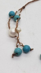Turquoise & Genuine Freshwater Pearl 32″ Tie Necklace Belt Single Strand Boho