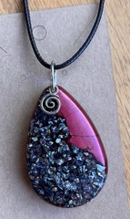 Handmade Resin Pendant Necklace Red Metallic & Black Crushed Glass Spiral Charm