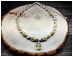Natural Color Hemp Necklace With Yellow Mushroom Pendant & Glass Beads