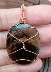 Copper Wire Wrap Tigers Eye Pendant. Handmade, Oval 2.25″