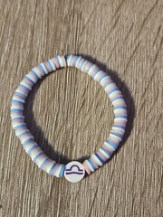 Handmade Zodiac Libra Pink Blue green White Clay Beaded Stretchy Bracelet 6″