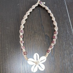 Cowrie Shell Flower Pendant on Brown Jute Macramé Beads Necklace 18″