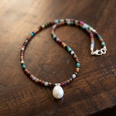 Handmade Mixed Natural Gemstone Necklace with Freshwater Pearl Pendant OOAK