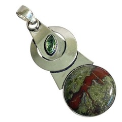 Dragon Blood Agate & Peridot Gemstone Geometric Modernist Pendant Handmade 2.8″