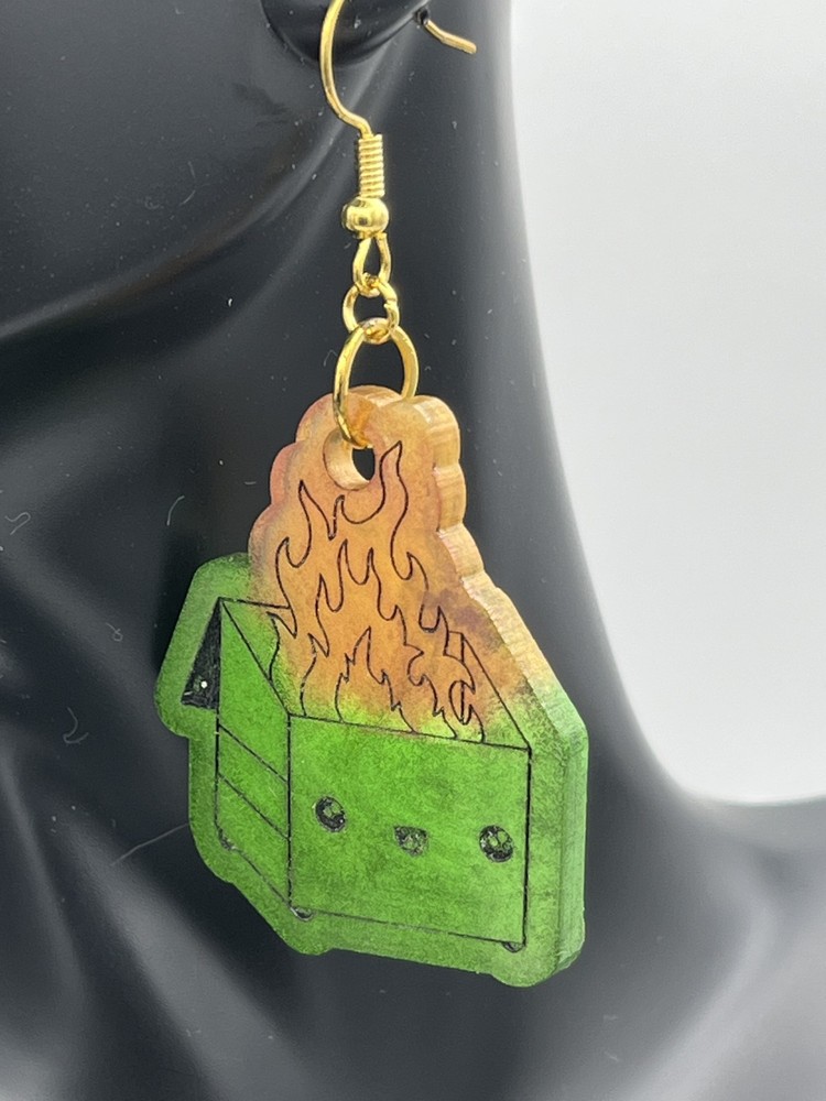 Dumpster fire in green and orange earrings, costume jewelry