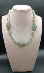 Carved Green Pink Stone Choker Necklace Aventurine Beaded Asian Style 16″