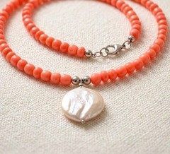 Handmade Coral Necklace with Baroque Freshwater Pearl Pendant Beaded Necklace