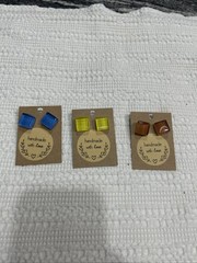Handmade Glass Tile Earrings Set Of 3 Pairs Blue Yellow Orange 3/4” Square New