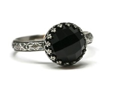10mm Rose Cut Black Onyx Ring Symmetrical Flower Crown 925 Sterling Silver