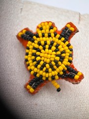 Vintage Beaded Starburst Brooch Pin Yellow Black Orange Felt Boho Artisan