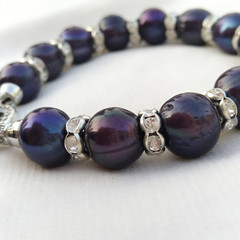 19cm Black Pearl Bracelet Crystal Zircon Spacers Silver-Tone Clasp Red Gift Box