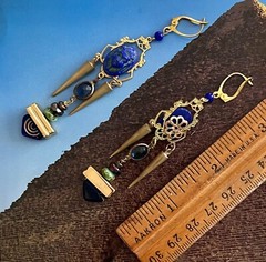 Handcrafted Egyptian Revival Earrings, Pharaoh, Tut, Czech Glass, Blue, Green