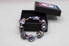 Black Baroque Pearl Bracelet, Handknotted 925 Sterling Silver Gold Plated