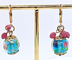 Vintage Handmade Pink Roses in Glass Blue Artisan bead Drop Earrings
