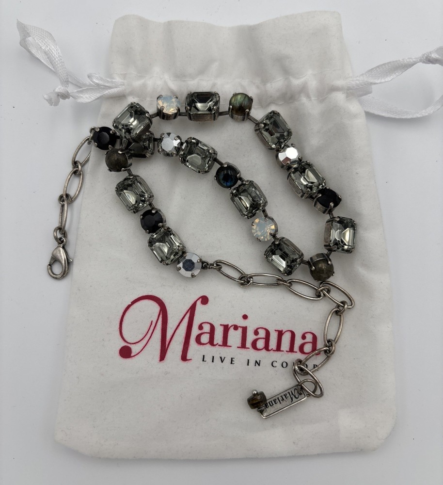 Mariana Signed Necklace Smoky Gray Crystals Black White Choker Designer