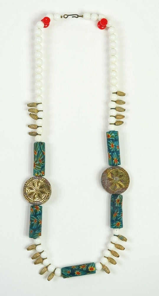 Artisan Millefiori Bead Necklace White Gold disks Blue 24″ long by Jan Williams
