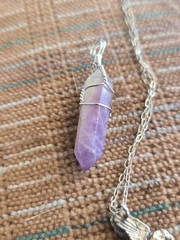 Amethyst Lot Hexagon Pendant Necklace, Wire Wrapped, Rope Chain, Purple Clear