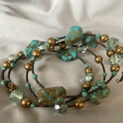Vintage Hand Crafted Turquoise & Glass Wrist Wrap. Unsigned 6 Polished Turquois